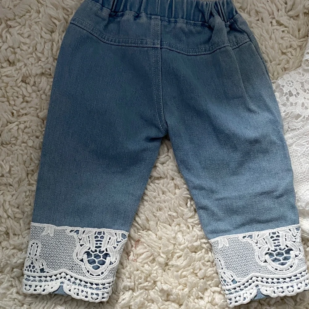 girls size 18mo -24mo matching set White Lace 1pc top Blue Jeans w white lace ¥